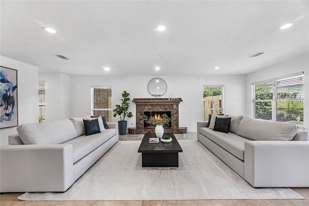 Fireplace, Interior, Living room, Recessed Lighting, Wood Texture Flooring