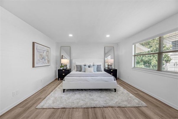 Bedroom, Interior, Recessed Lighting, Wood Texture Flooring