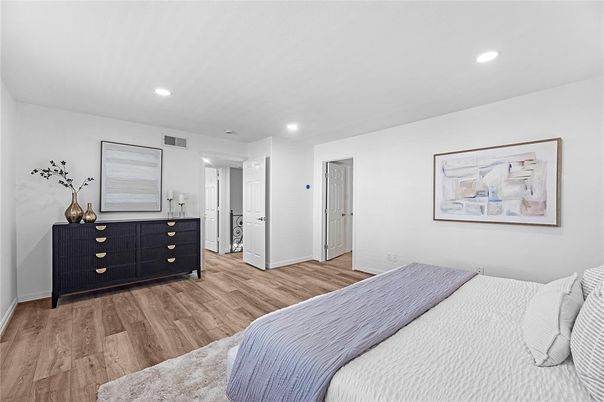 Bedroom, Interior, Recessed Lighting, Wood Texture Flooring
