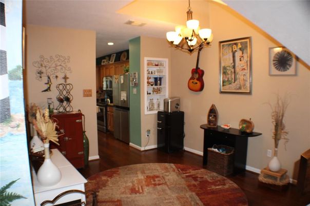 Chandelier, Interior, Kitchen, Recessed Lighting, Wood Texture Flooring