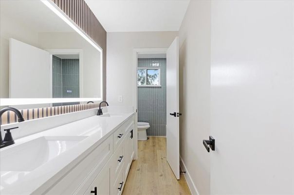 Bathroom, Dual Sink Vanities, Interior, Wood Texture Flooring