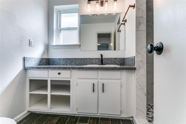 Bathroom, Interior, Marble Walls, Wood Texture Flooring