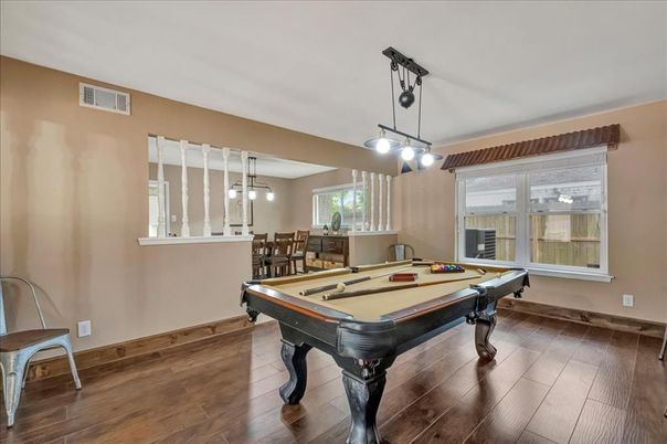 Billiard Table, Game Room, Interior, Pendant Lights, Wood Texture Flooring