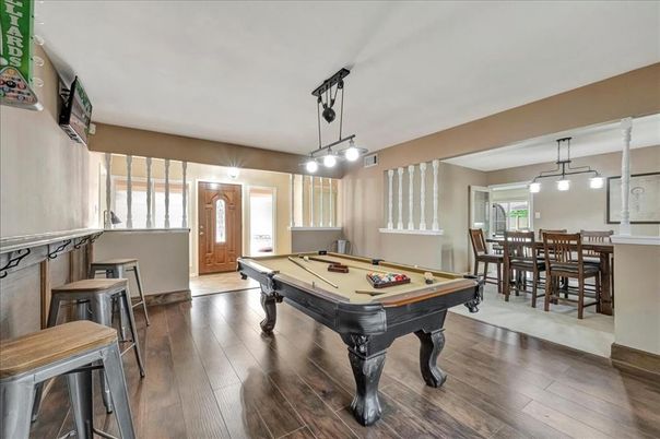 Billiard Table, Dining room, Game Room, Interior, Pendant Lights, Wood Texture Flooring