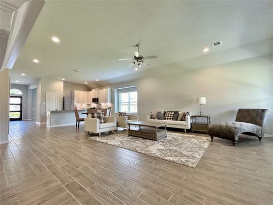 Dining room, Interior, Kitchen, Living room, Recessed Lighting, Wood Texture Flooring