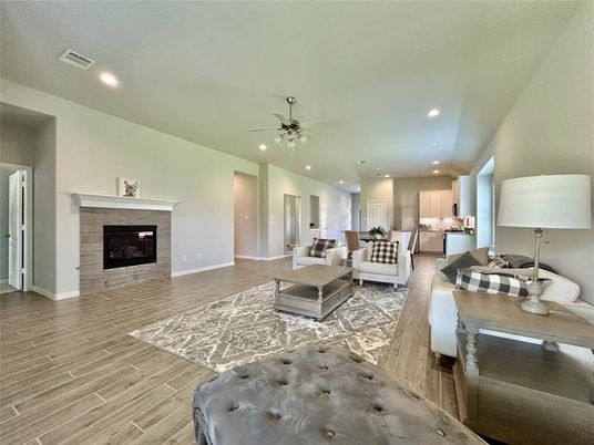 Fireplace, Interior, Living room, Recessed Lighting, Wood Texture Flooring