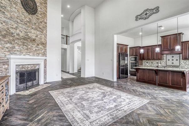 Fireplace, Interior, Kitchen, Pendant Lights, Recessed Lighting, Stainless Steel Appliances, Wood Texture Flooring