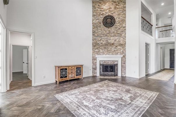 Fireplace, Interior, Recessed Lighting, Stone Walls, Wood Texture Flooring