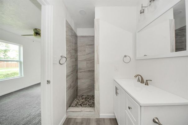 Bathroom, Interior, Marble Walls, Wood Texture Flooring