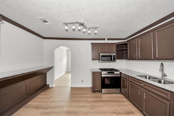 Interior, Kitchen, Stainless Steel Appliances, Wood Texture Flooring