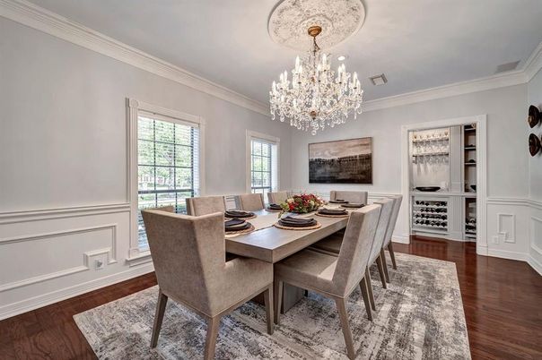Chandelier, Dining room, Interior, Wood Texture Flooring