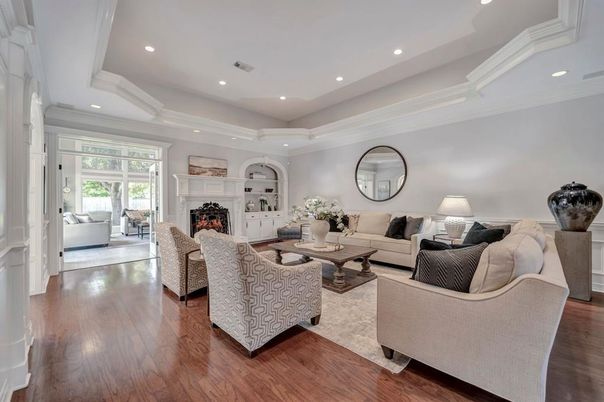 Fireplace, Interior, Living room, Recessed Lighting, Wood Texture Flooring