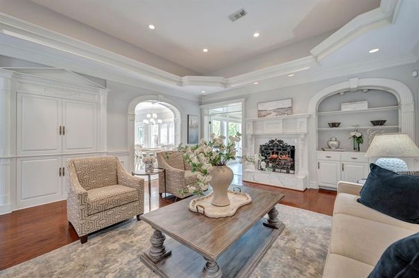 Fireplace, Interior, Living room, Recessed Lighting, Wood Texture Flooring