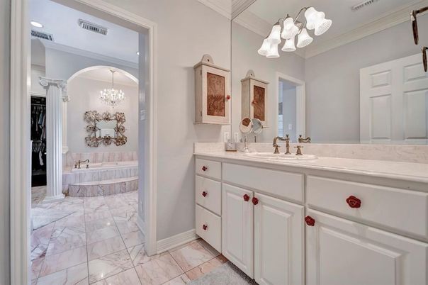 Bathroom, Chandelier, Dual Sink Vanities, Interior, Marble, Recessed Lighting