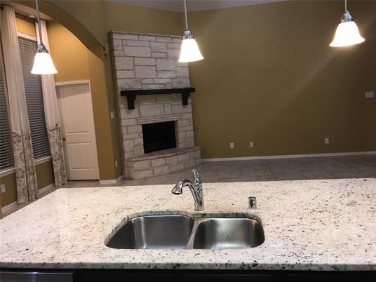 Fireplace, Interior, Kitchen, Pendant Lights, Stone Walls