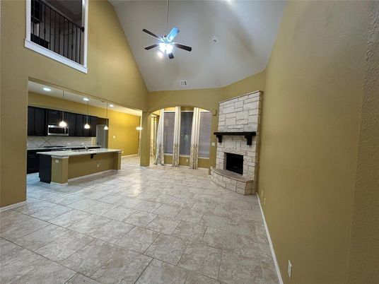 Fireplace, Interior, Kitchen, Pendant Lights, Recessed Lighting, Stone Walls