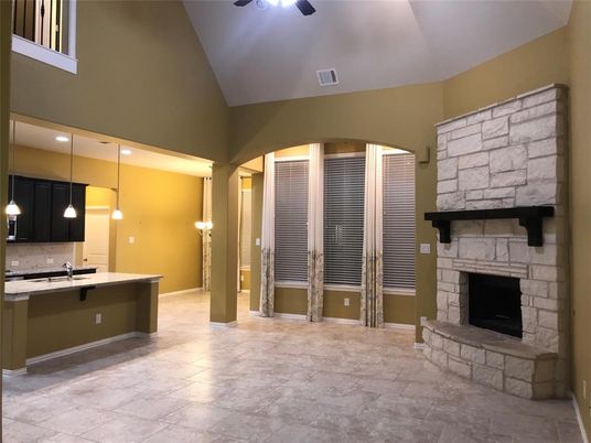 Fireplace, Interior, Kitchen, Pendant Lights, Recessed Lighting, Stone Walls