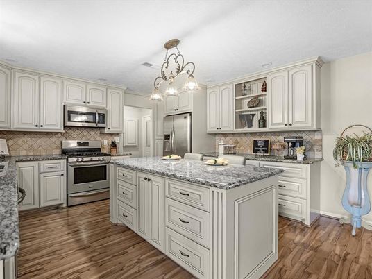 Chandelier, Interior, Kitchen, Stainless Steel Appliances, Wood Texture Flooring