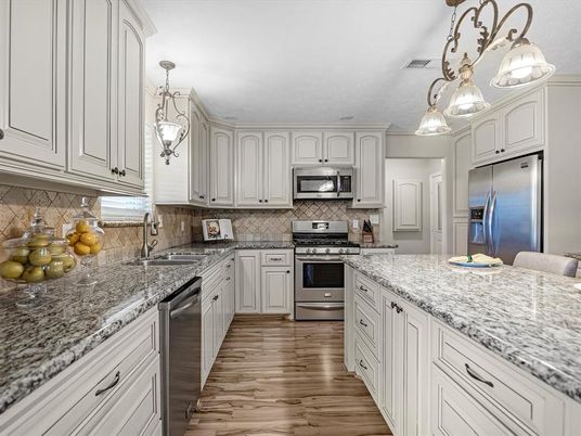 Interior, Kitchen, Pendant Lights, Stainless Steel Appliances, Wood Texture Flooring