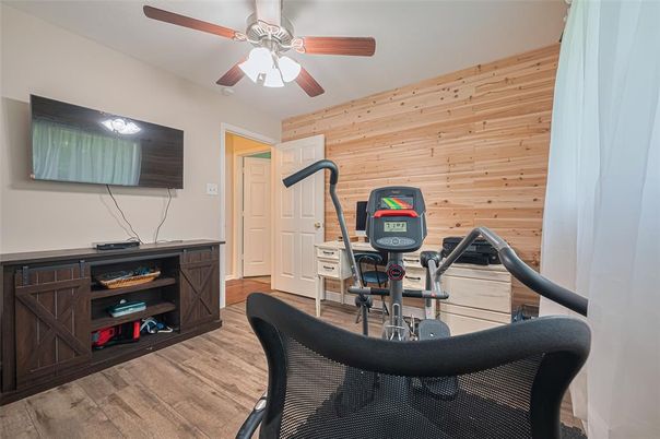 Fitness Equipment, Home Office, Interior, Wood Texture Flooring, Wooden Walls