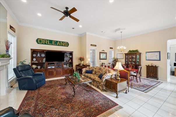 Chandelier, Dining room, Fireplace, Interior, Living room, Recessed Lighting