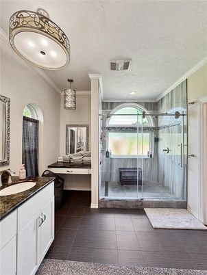 Bathroom, Chandelier, Glass Shower, Interior, Recessed Lighting