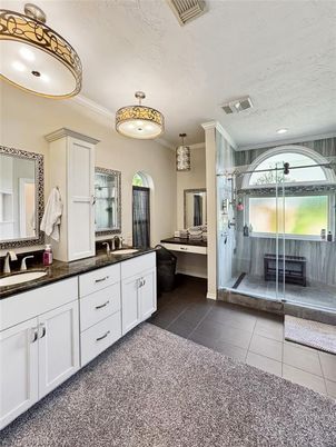 Bathroom, Dual Sink Vanities, Glass Shower, Interior, Pendant Lights, Recessed Lighting