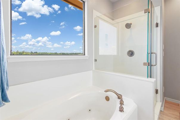 Bathroom, Glass Shower, Interior, Wood Texture Flooring