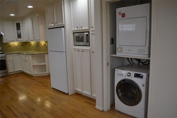 Interior, Kitchen, Recessed Lighting, Utility Closets, Washer, Wood Texture Flooring