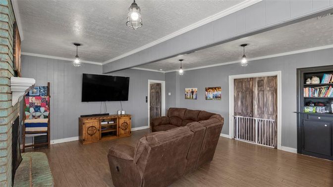 Fireplace, Interior, Living room, Pendant Lights, Wood Texture Flooring