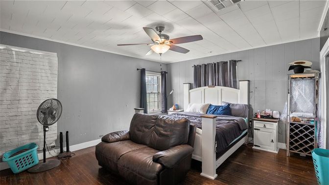 Bedroom, Interior, Stone Walls, Wood Texture Flooring