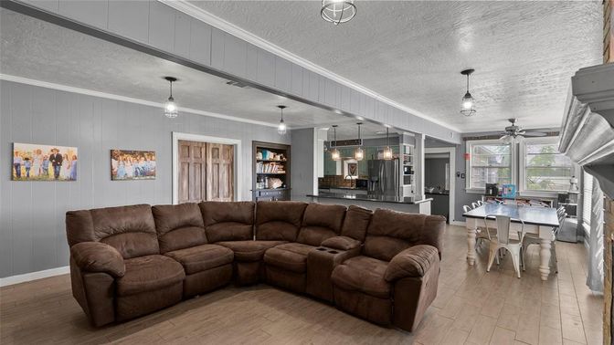 Dining room, Interior, Kitchen, Living room, Pendant Lights, Wood Texture Flooring