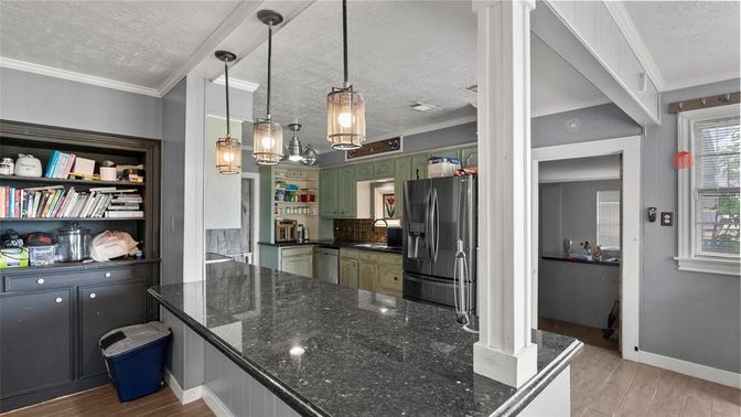 Interior, Kitchen, Pendant Lights, Wood Texture Flooring