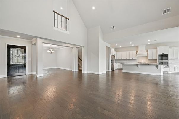 Chandelier, Interior, Kitchen, Pendant Lights, Recessed Lighting, Stainless Steel Appliances, Wood Texture Flooring