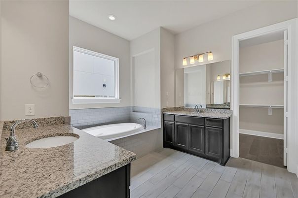 Bathroom, Dual Sink Vanities, Interior, Recessed Lighting, Wood Texture Flooring