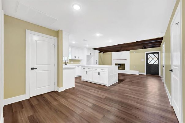 Interior, Kitchen, Recessed Lighting, Wooden Beams, Wood Texture Flooring