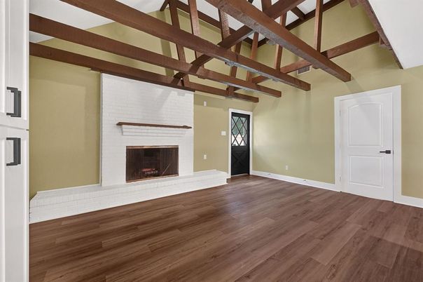 Empty room, Fireplace, Interior, Wooden Beams, Wood Texture Flooring