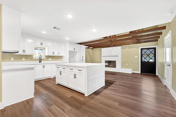 Fireplace, Interior, Kitchen, Recessed Lighting, Wooden Beams, Wood Texture Flooring