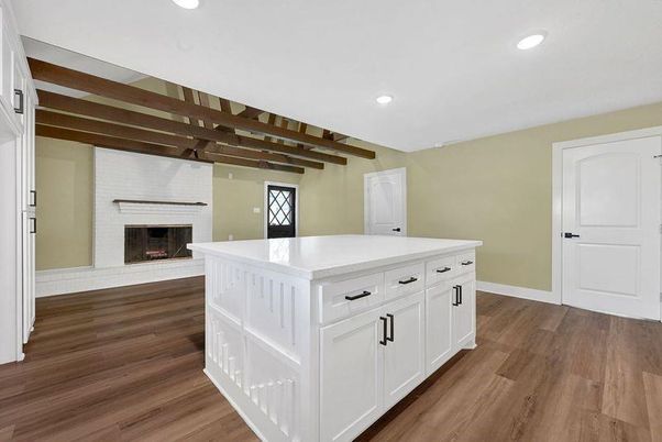 Fireplace, Interior, Recessed Lighting, Wooden Beams, Wood Texture Flooring