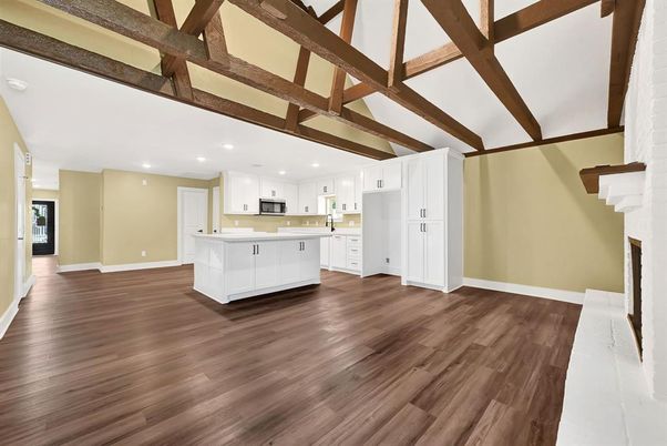 Fireplace, Interior, Kitchen, Pendant Lights, Recessed Lighting, Wooden Beams, Wood Texture Flooring