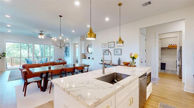 Dining room, Interior, Kitchen, Pendant Lights, Recessed Lighting, Wood Texture Flooring