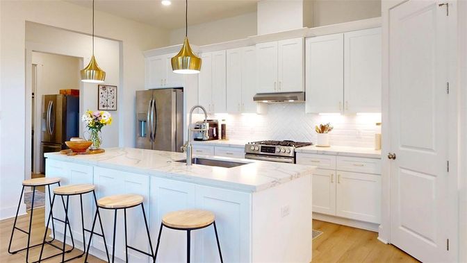 Interior, Kitchen, Pendant Lights, Recessed Lighting, Stainless Steel Appliances, Wood Texture Flooring