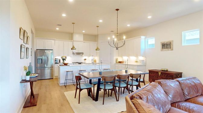 Dining room, Interior, Kitchen, Pendant Lights, Recessed Lighting, Stainless Steel Appliances, Wood Texture Flooring