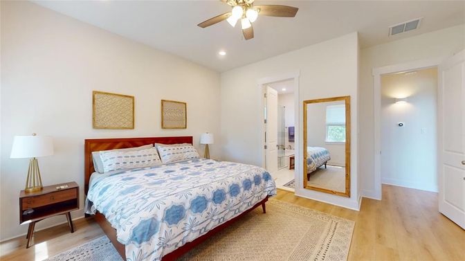 Bedroom, Interior, Recessed Lighting, Wood Texture Flooring