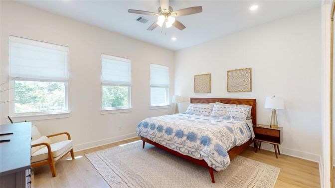 Bedroom, Interior, Recessed Lighting, Wood Texture Flooring