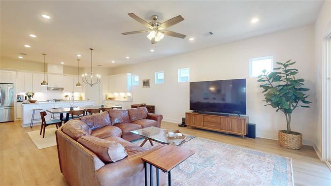 Dining room, Interior, Kitchen, Living room, Pendant Lights, Recessed Lighting, Stainless Steel Appliances, Wood Texture Flooring