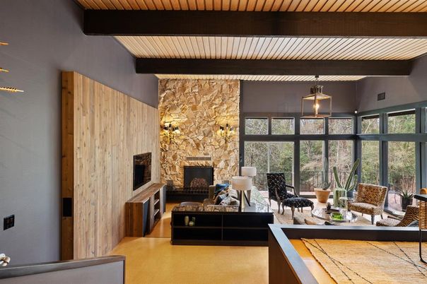 Fireplace, Interior, Pendant Lights, Stone Walls, Wooden Beams, Wooden Ceilings, Wooden Walls