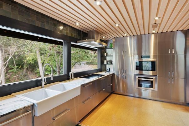 Interior, Kitchen, Recessed Lighting, Stainless Steel Appliances, Wooden Ceilings, Wood Texture Flooring
