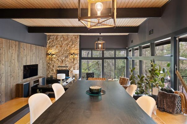 Dining room, Fireplace, Interior, Stone Walls, Wooden Beams, Wooden Ceilings