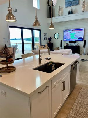 Interior, Kitchen, Pendant Lights, Water, Wood Texture Flooring